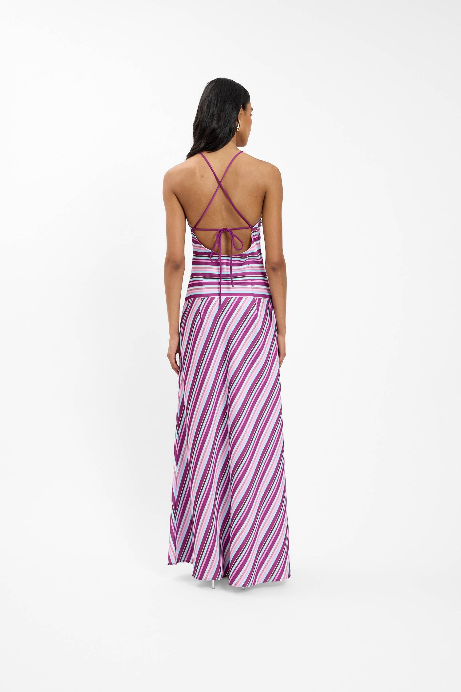 purple striped maxi dress Elegant Sexy Women's Striped Halter Neck Maxi Dress, Spring Summer Deep V Neck Sleeveless Smocked Back A Line Long Dress For Beach Vacation Party