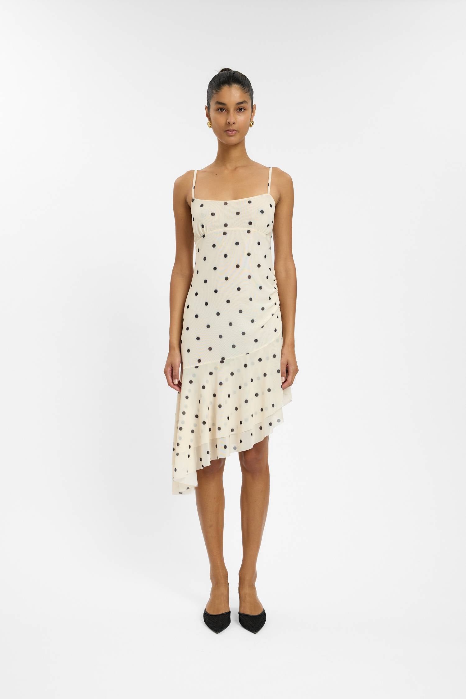 Asymmetric Frill Midi Dress | Ivory Polka
