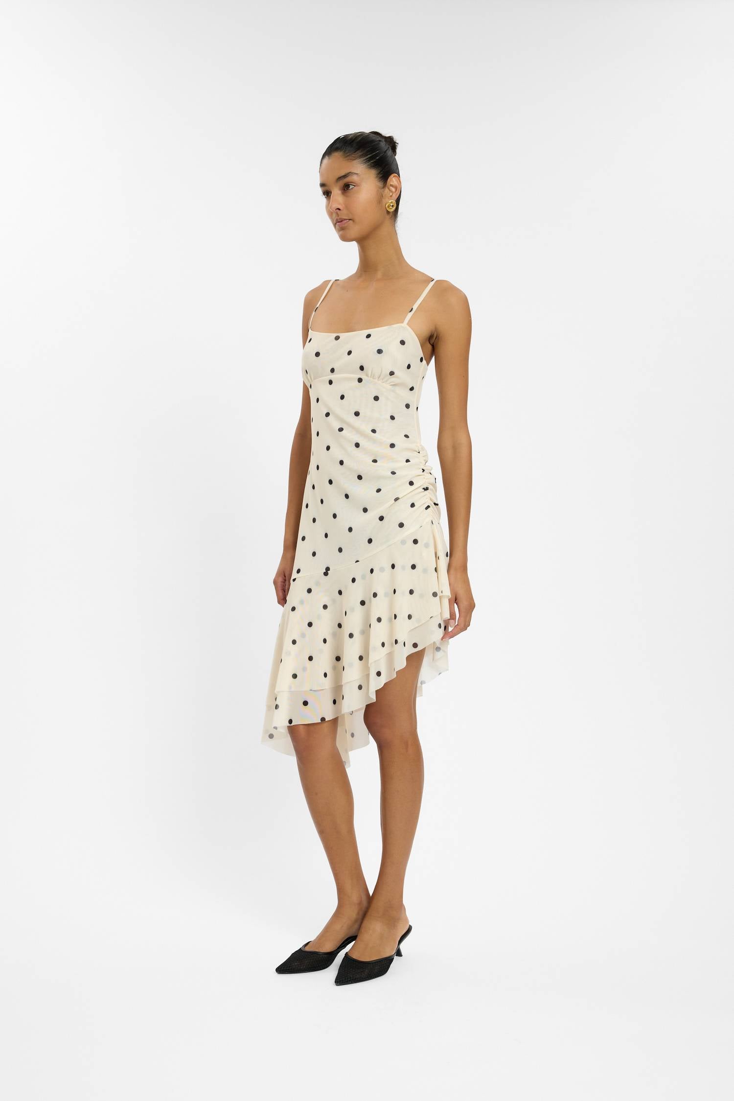 Asymmetric Frill Midi Dress | Ivory Polka