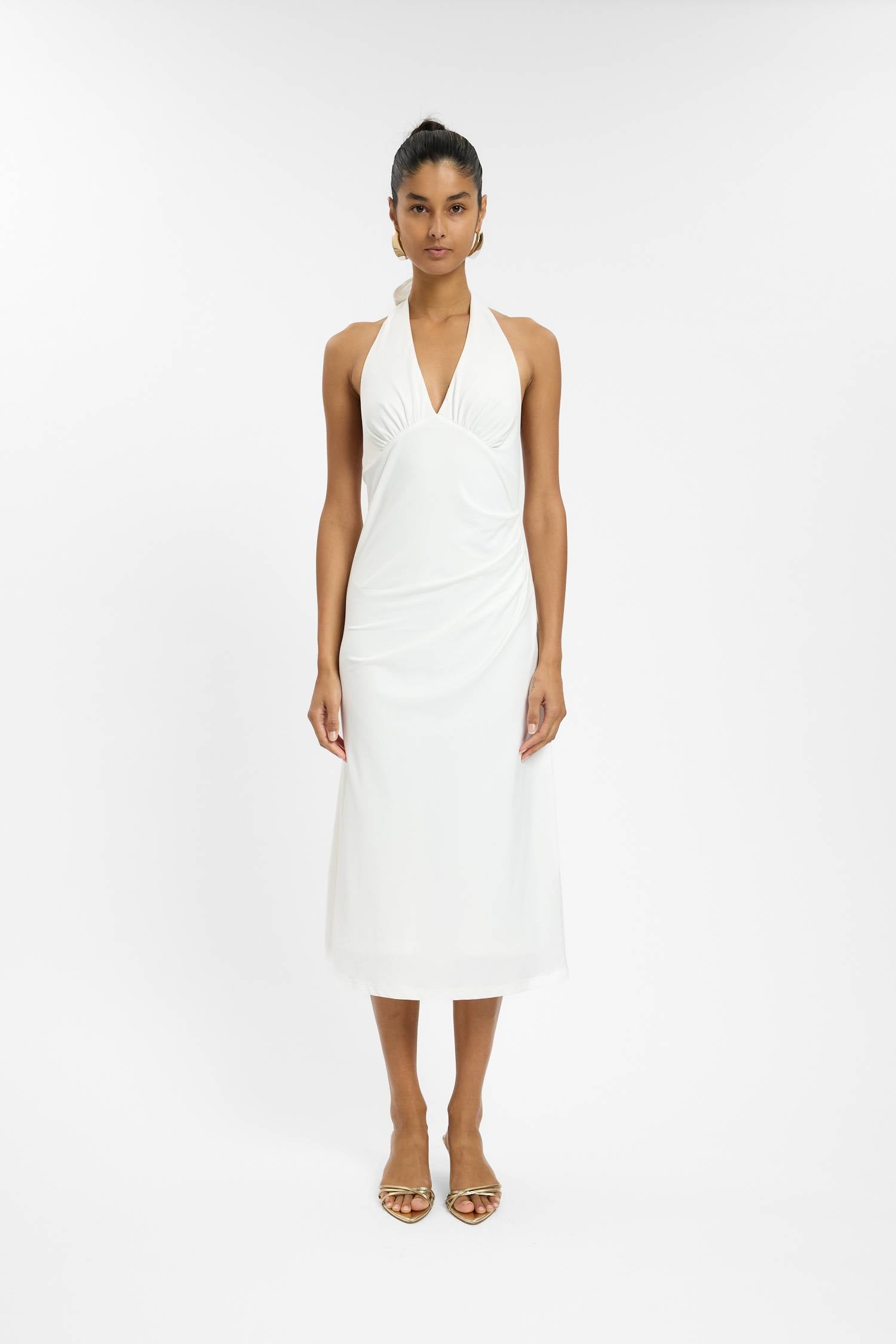 Pleated Backless Halter Dress | White