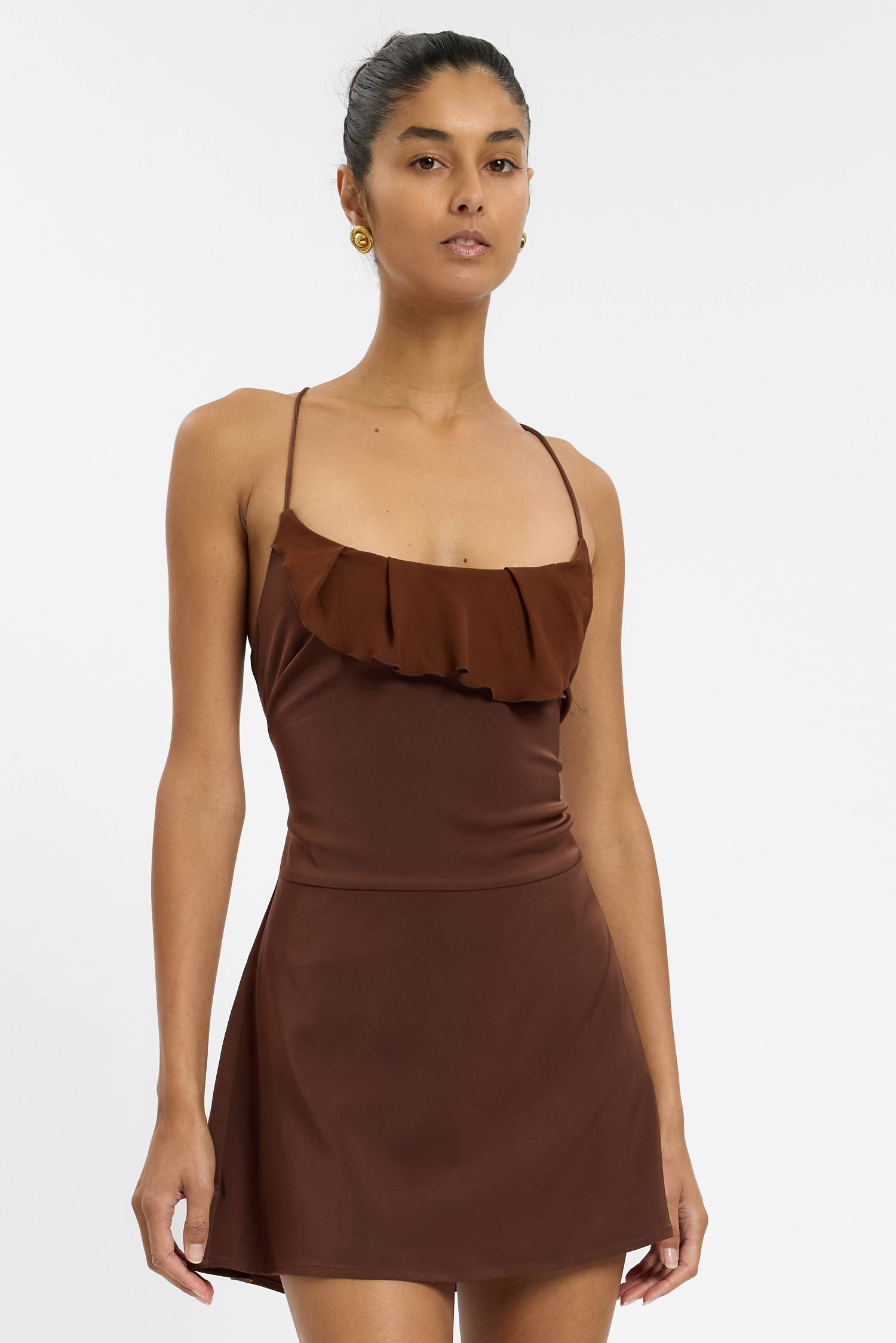 Frill Backless Mini Dress | Chocolate Satin WITH HARPER LU Frill Backless Mini Dress | Chocolate Satin WITH HARPER LU