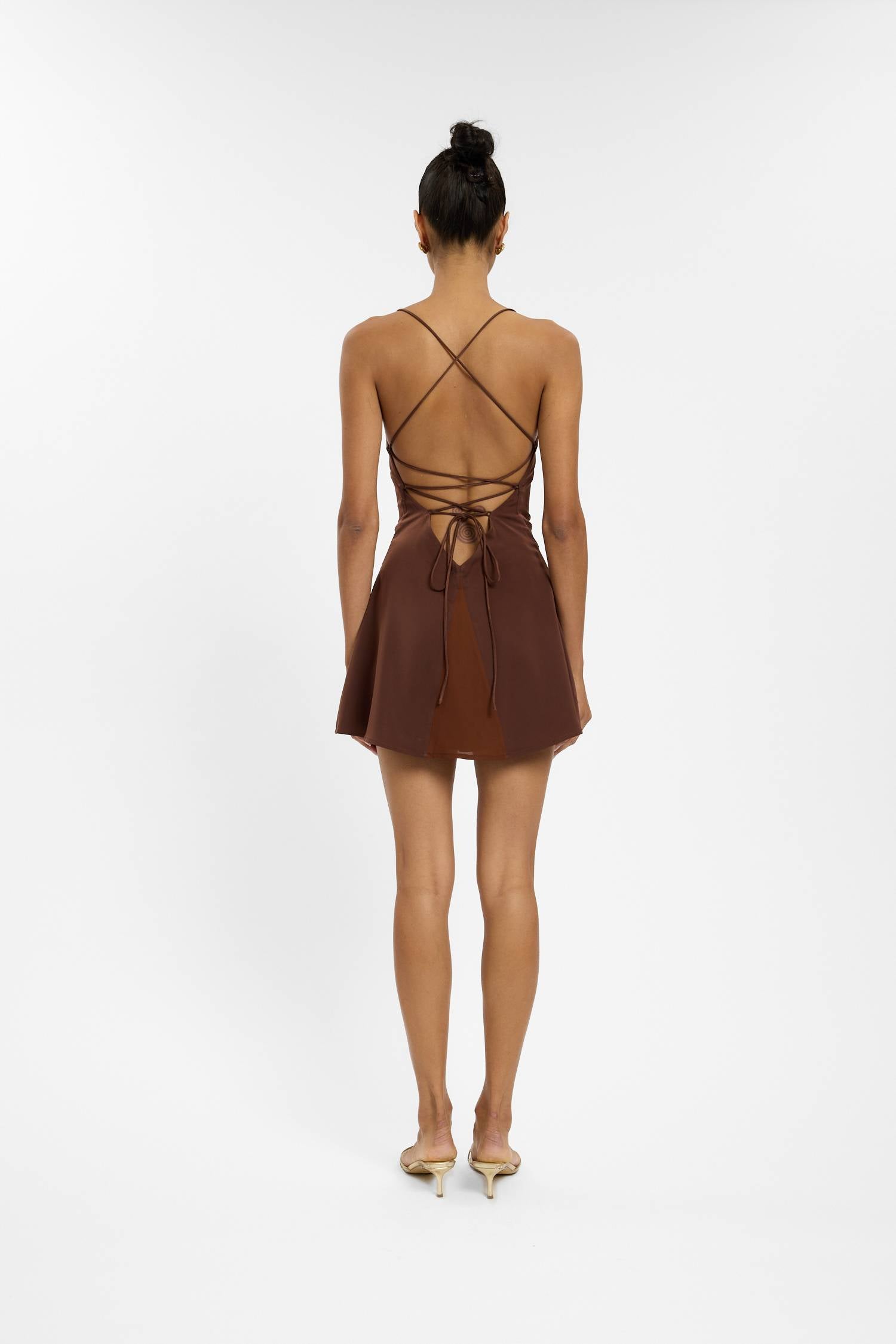 Frill Backless Mini Dress | Chocolate Satin WITH HARPER LU Frill Backless Mini Dress | Chocolate Satin WITH HARPER LU