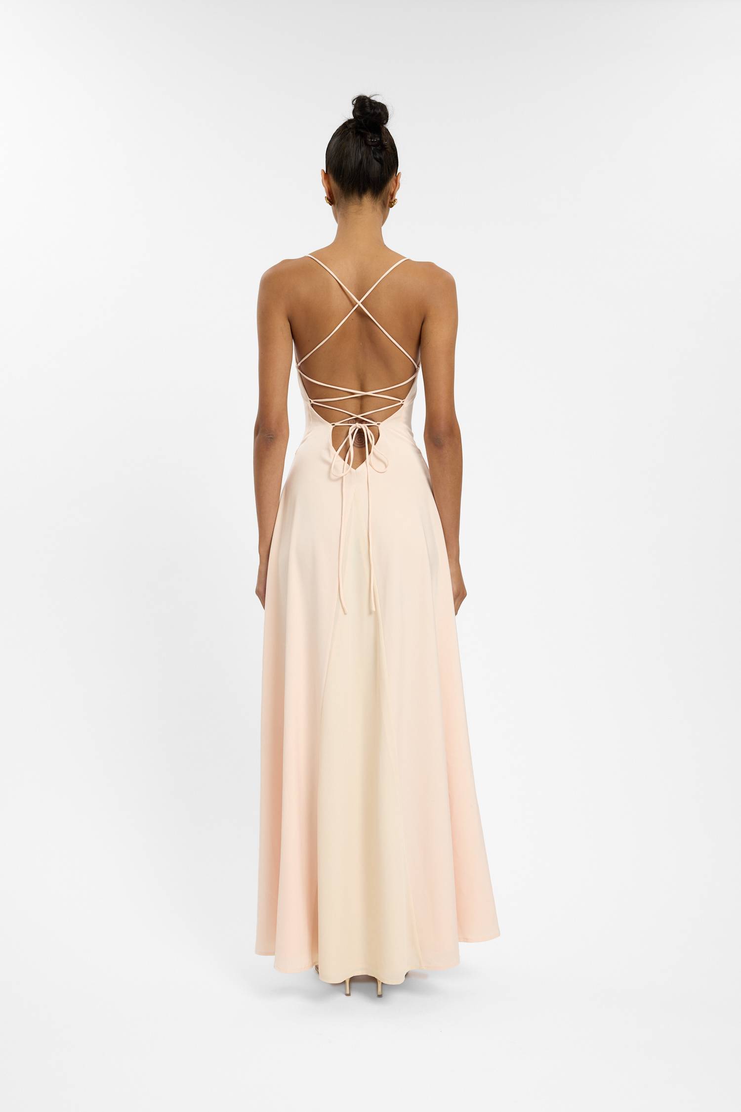 Frill Backless Maxi Dress | Blush Satin WITH HARPER LU Frill Backless Maxi Dress | Blush Satin WITH HARPER LU