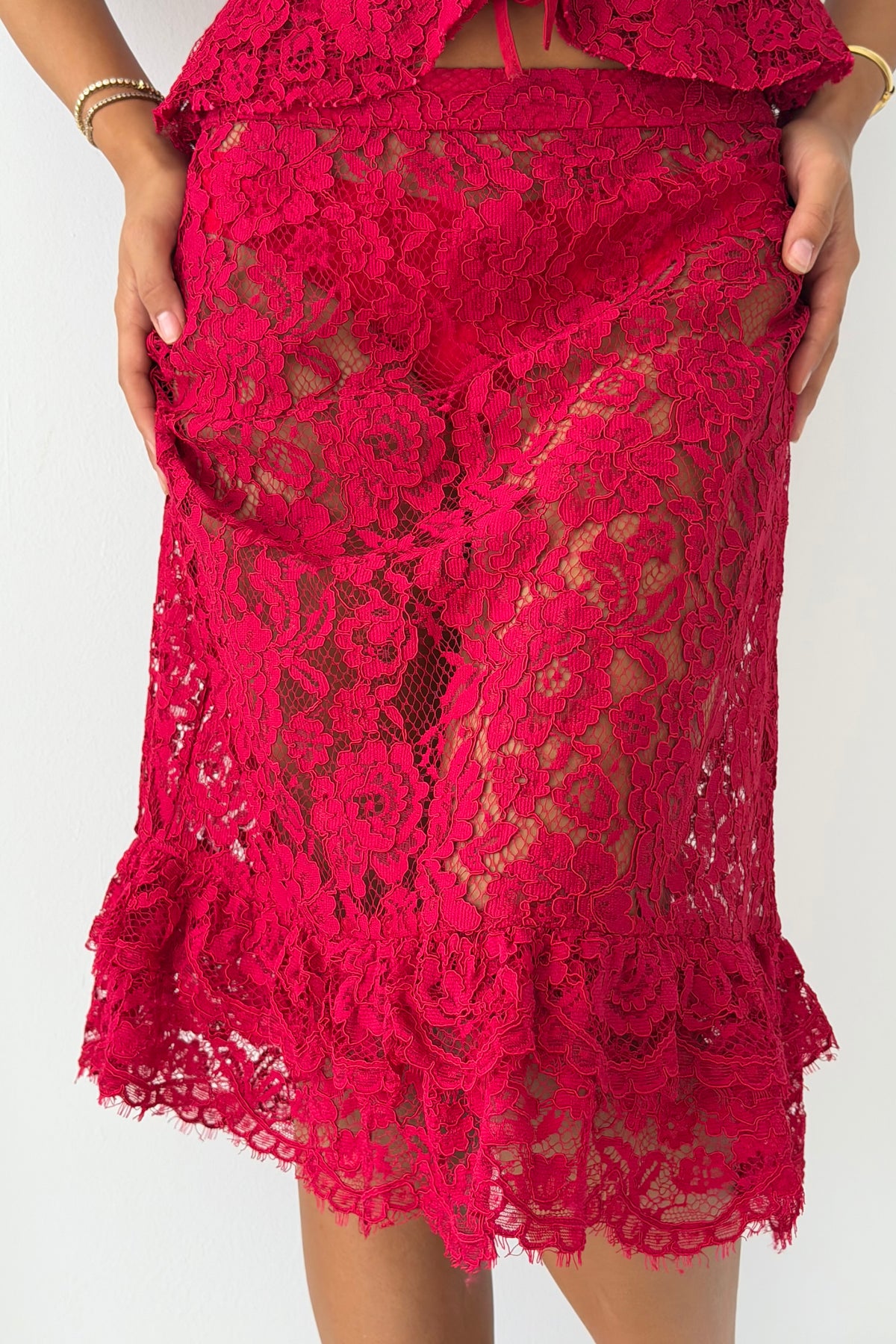 Frill Midi Skirt | Red Lace
