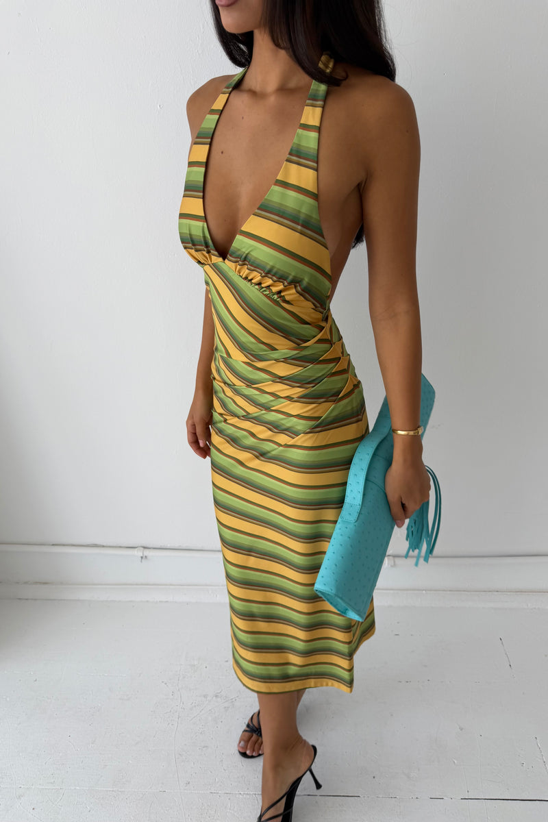 Pleated Backless Halter Dress | Gold Stripe