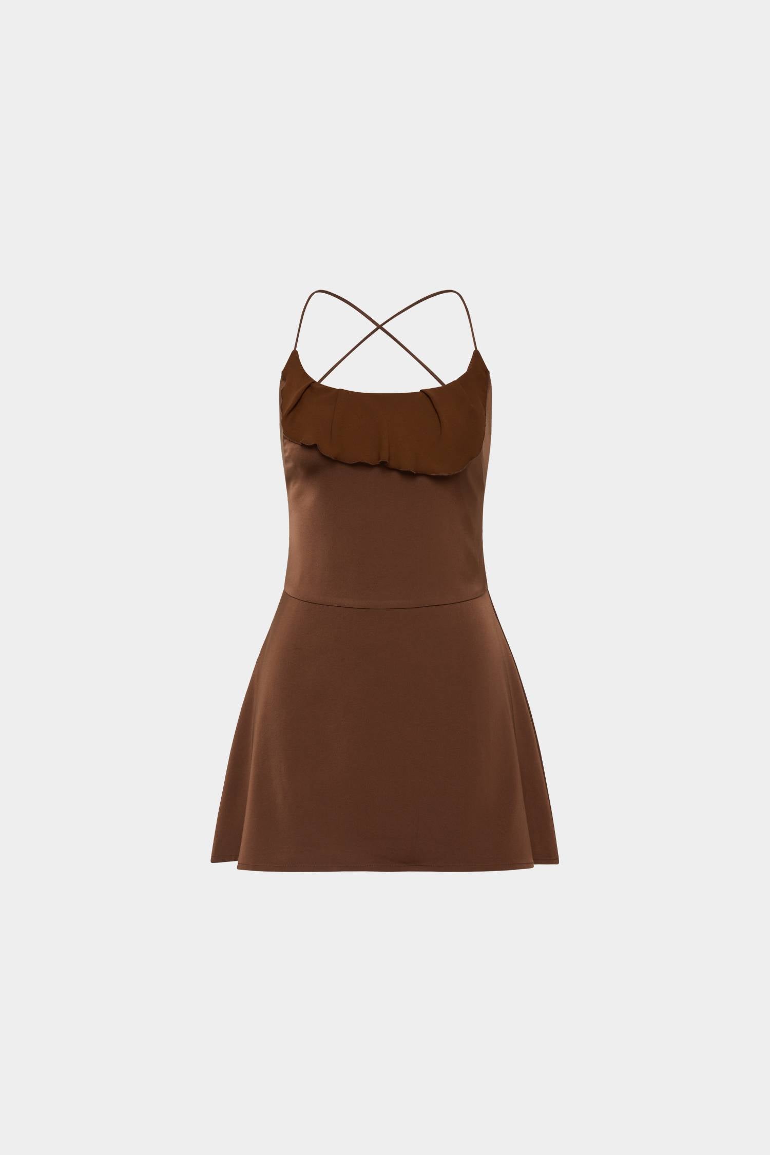 Frill Backless Mini Dress | Chocolate Satin – WITH HARPER LU