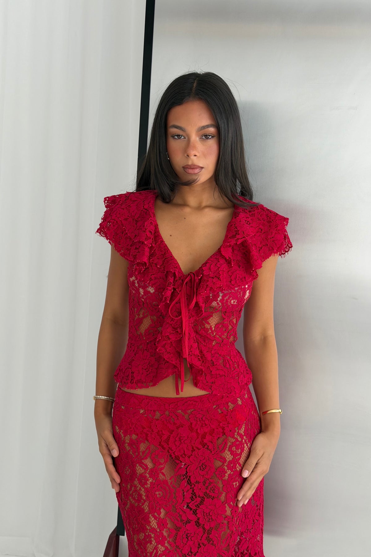 Frill Cap Sleeve Cardigan | Red Lace