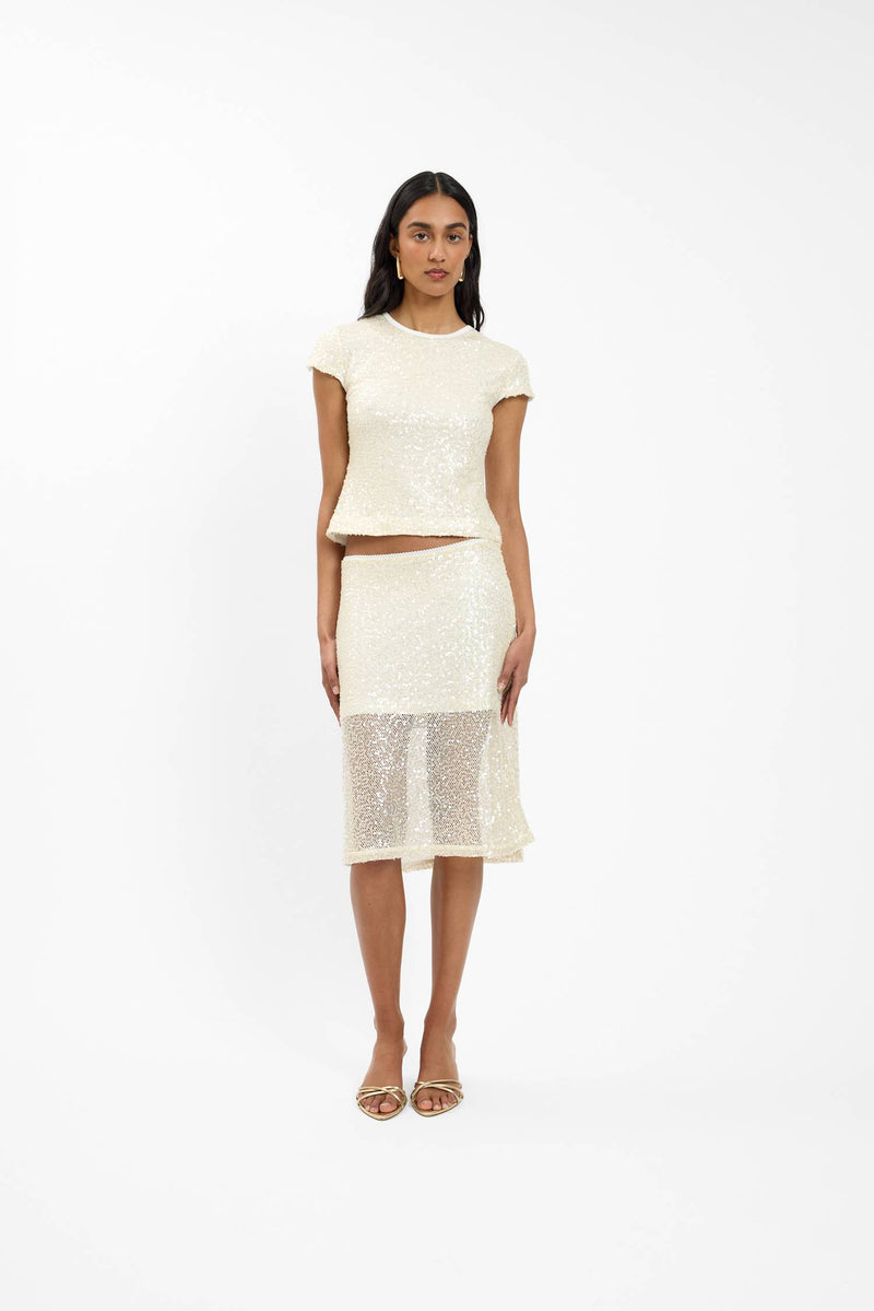 Midi Skirt | Mesh Ivory Sequin