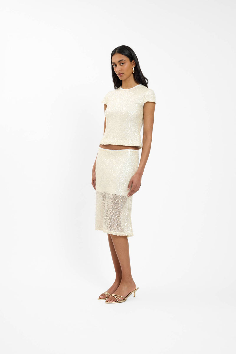 Midi Skirt | Mesh Ivory Sequin