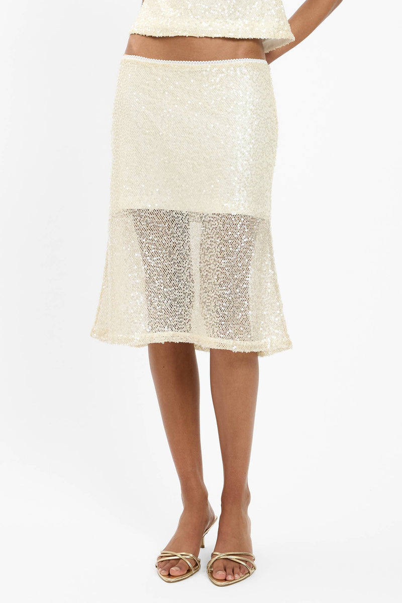 Midi Skirt | Mesh Ivory Sequin