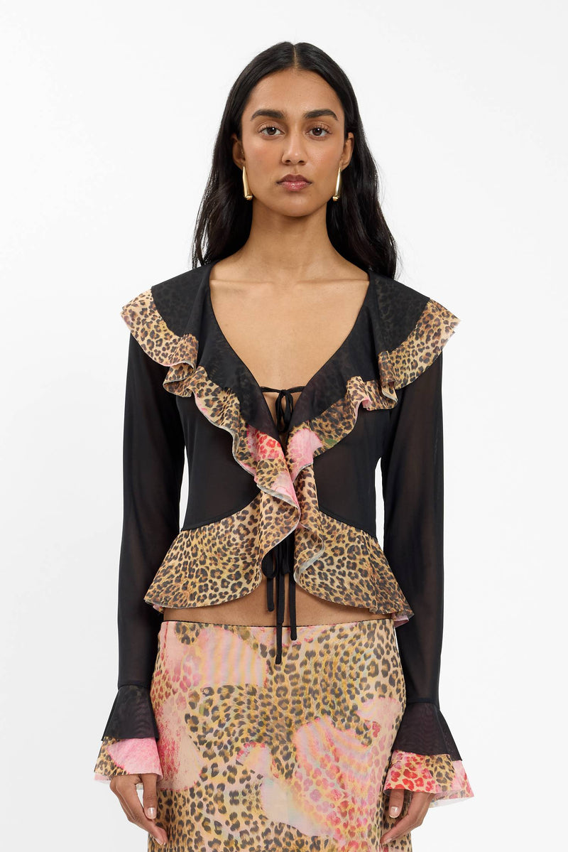 Frill Cardigan | Mesh Leopard