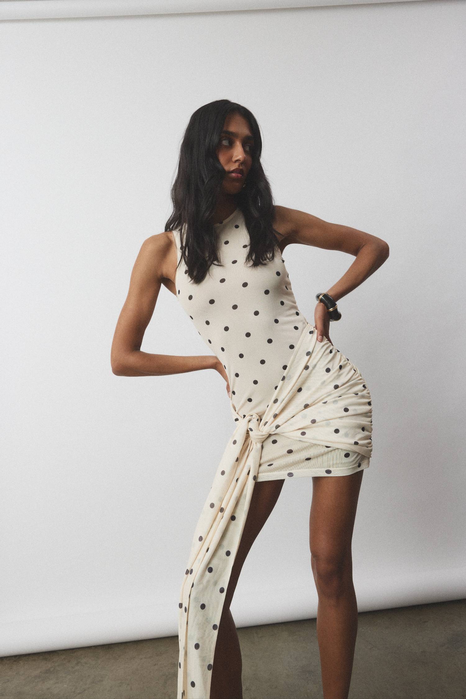 Pre-order: Wrap Mesh Mini Dress | Ivory Polka
