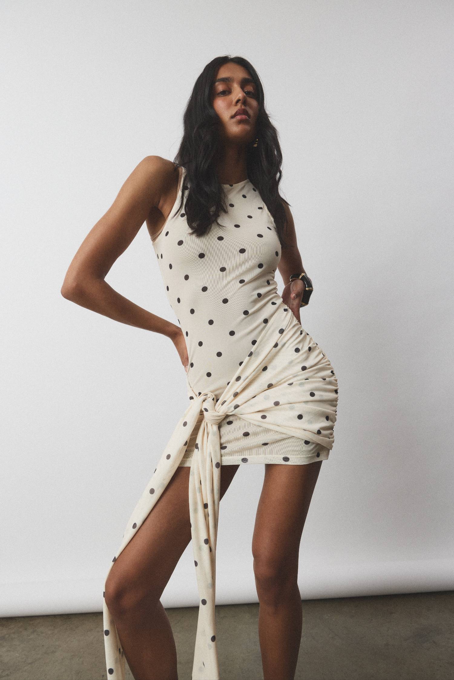 Pre-order: Wrap Mesh Mini Dress | Ivory Polka