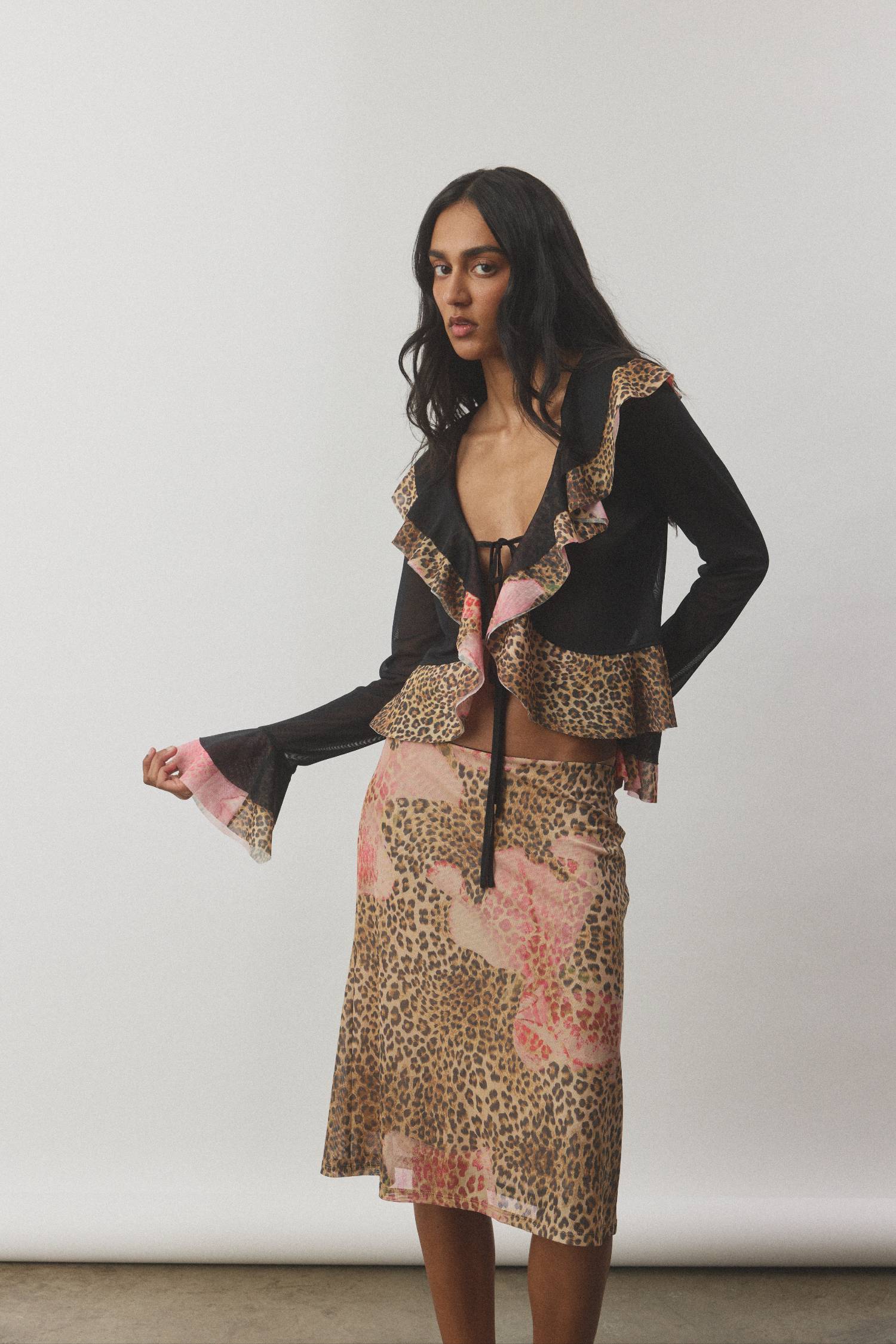 Frill Cardigan | Mesh Leopard