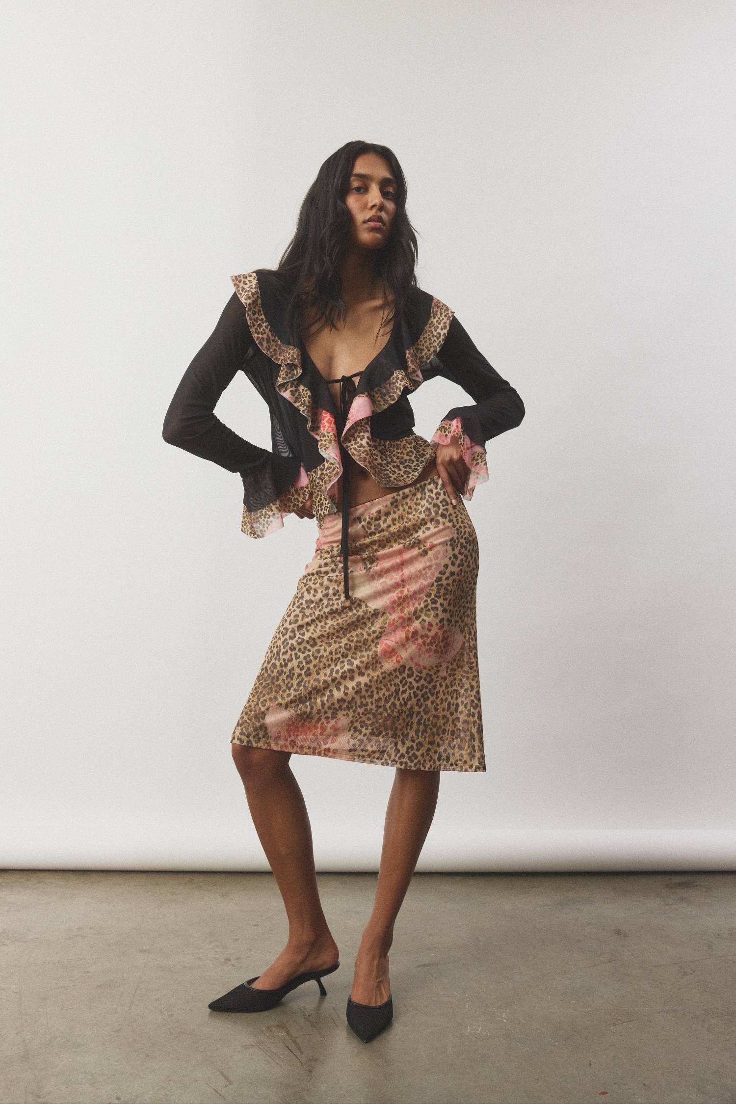 Frill Cardigan | Mesh Leopard
