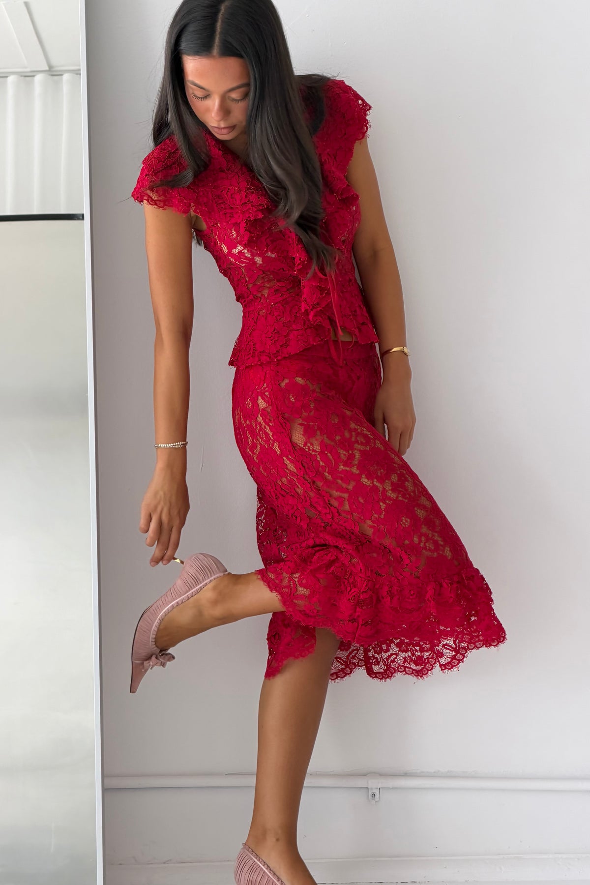Frill Midi Skirt | Red Lace