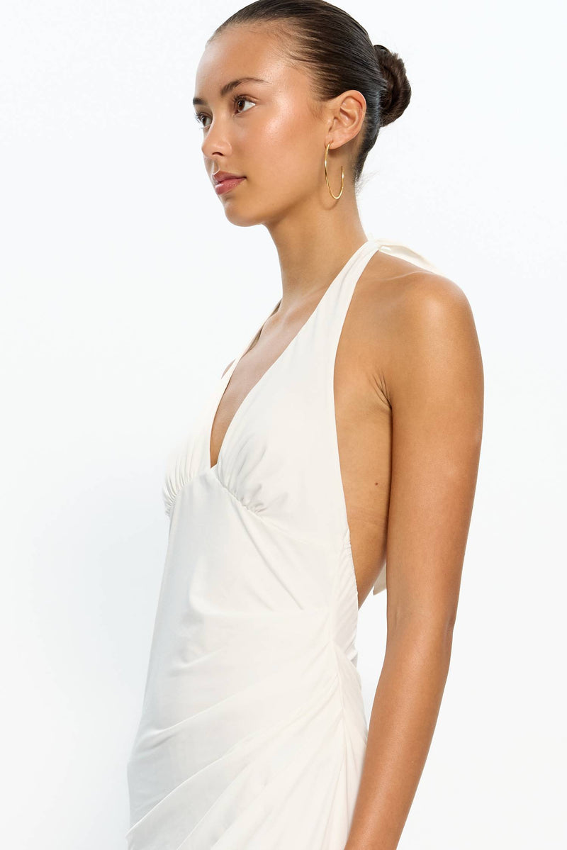 Pleated Backless Halter Dress | White