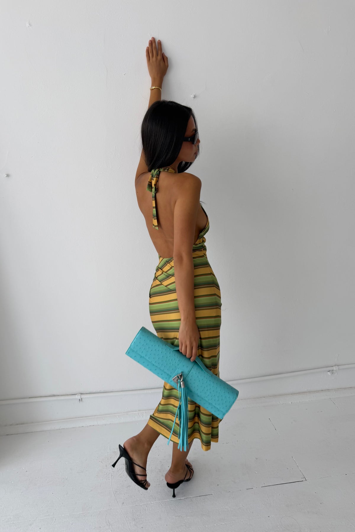Pleated Backless Halter Dress | Gold Stripe