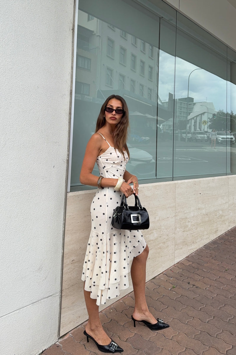Asymmetric Frill Midi Dress | Mesh Ivory Polka