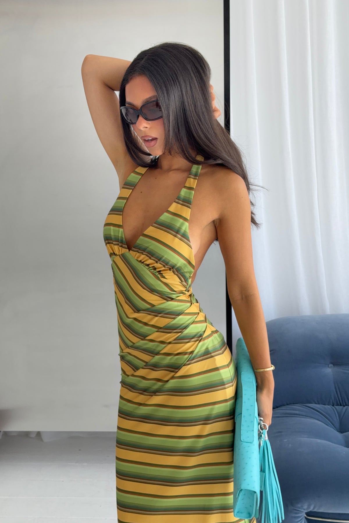 Pleated Backless Halter Dress | Gold Stripe