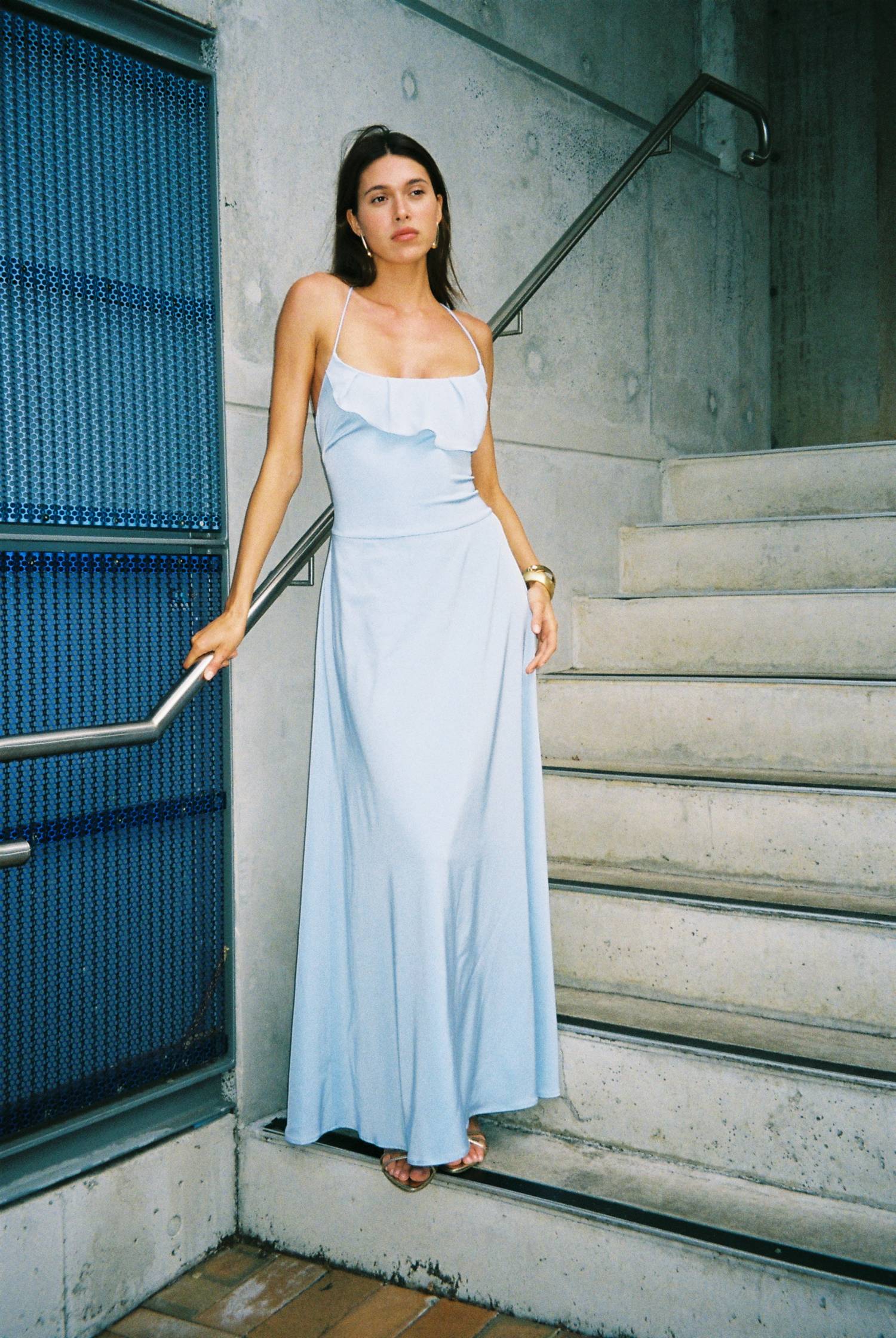 Frill Backless Maxi Dress | Baby Blue Satin