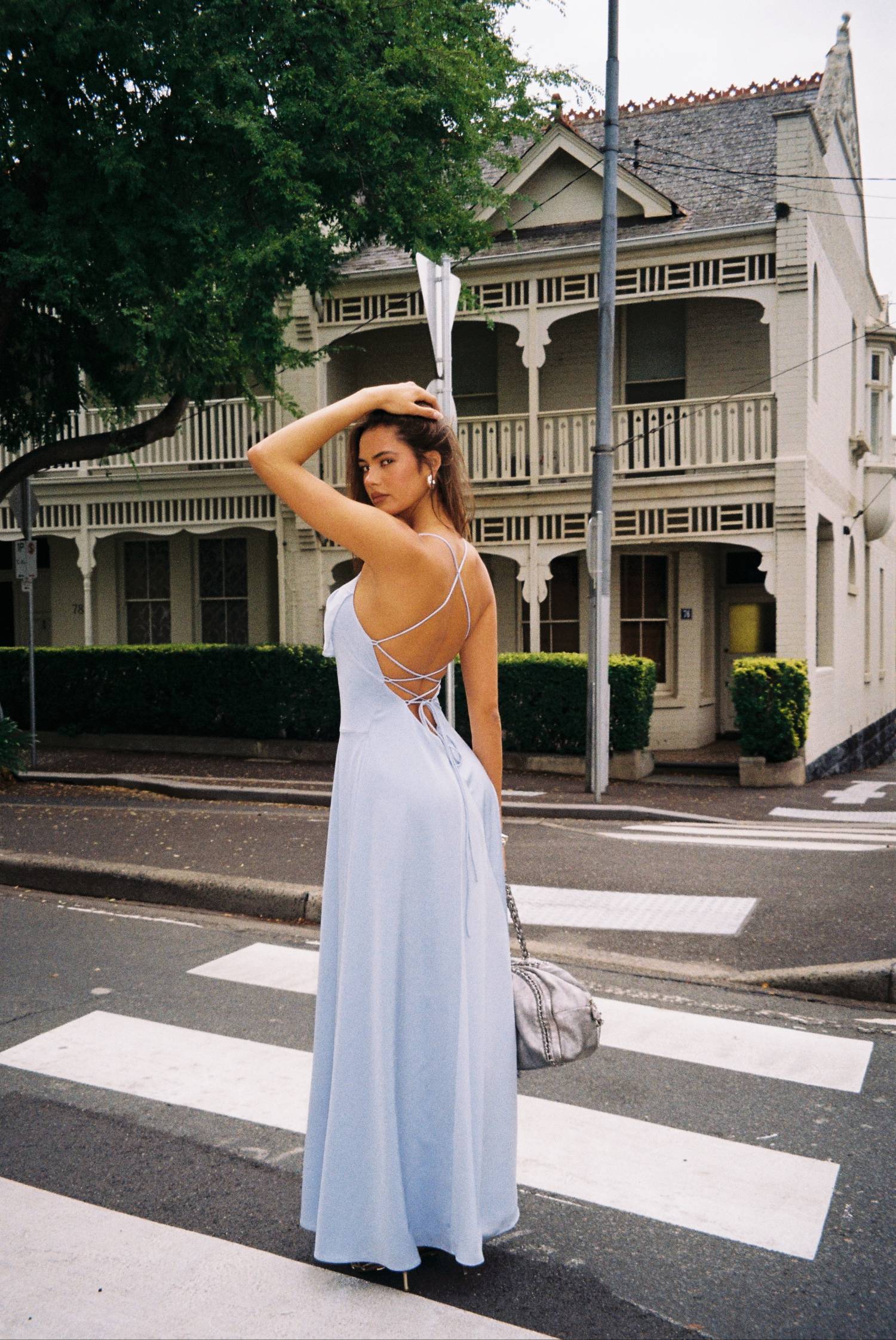 Frill Backless Maxi Dress | Baby Blue Satin