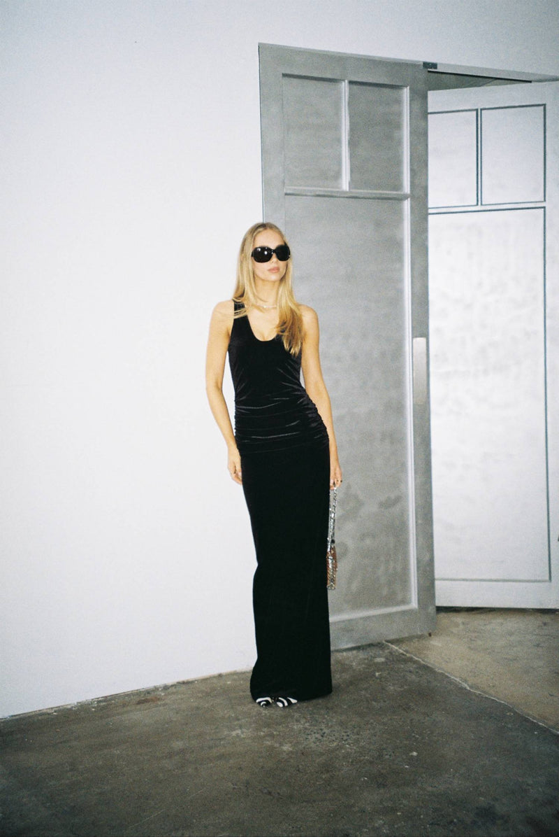 Ruched Velour Gown | Black