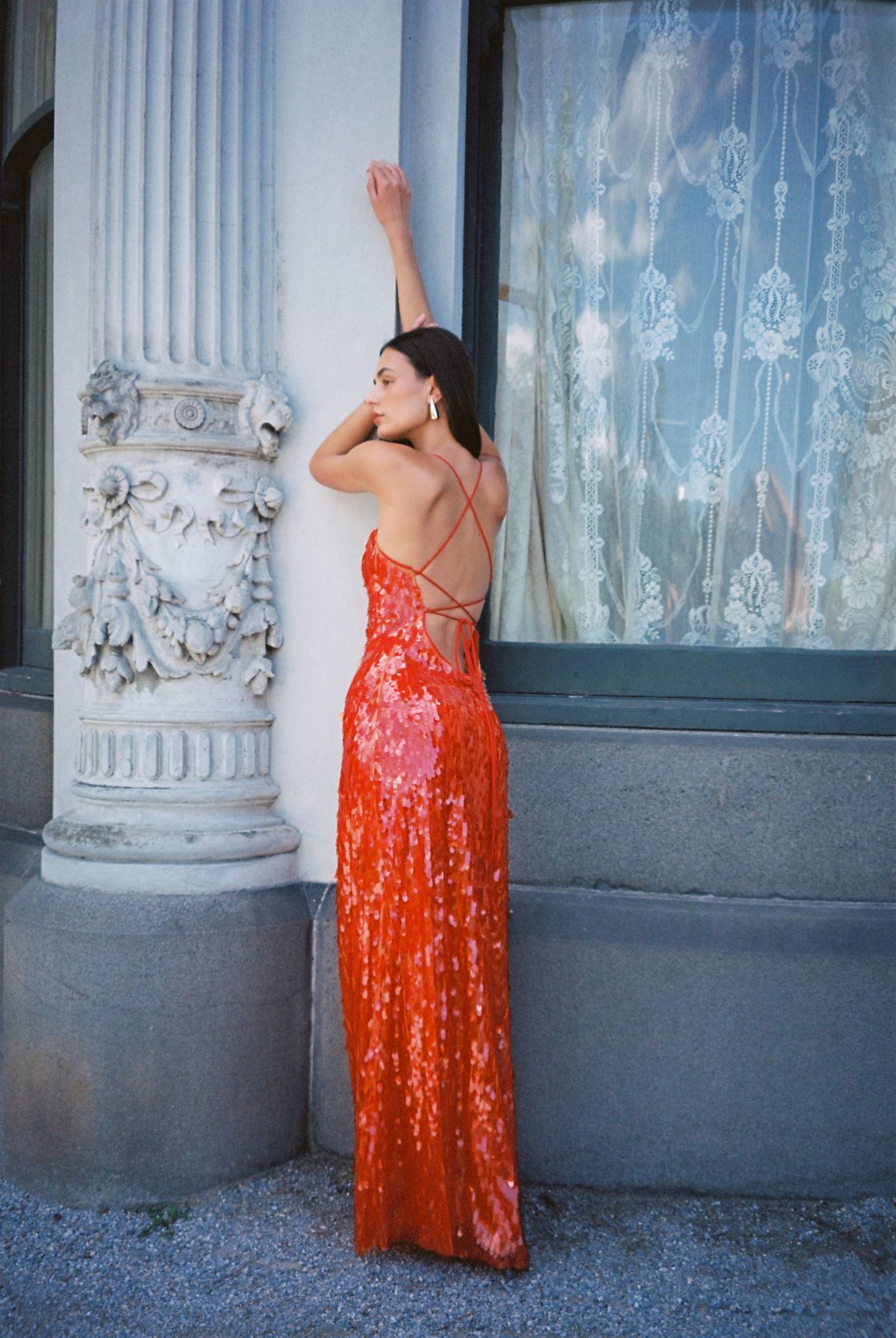 Backless Gown | Burnt Orange Sequin WITH HARPER LU Backless Gown | Burnt Orange Sequin WITH HARPER LU