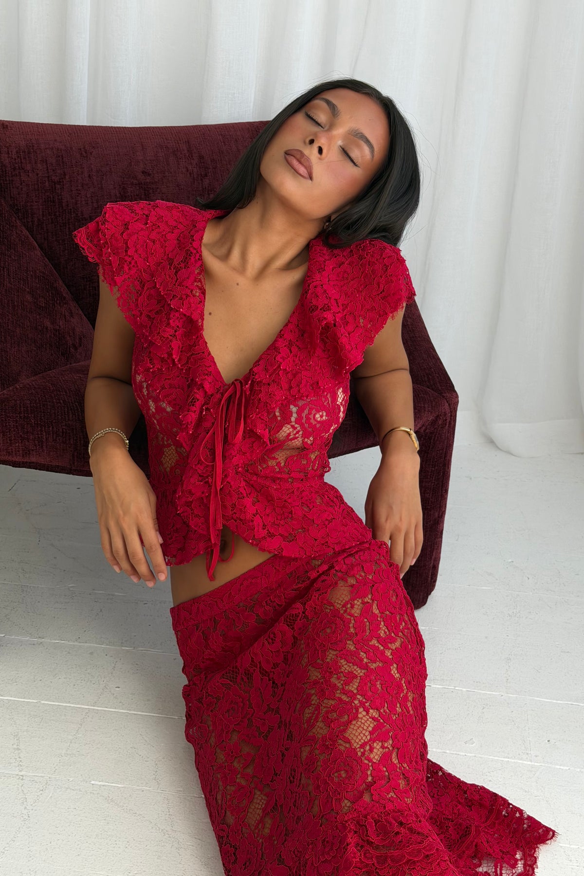 Frill Cap Sleeve Cardigan | Red Lace