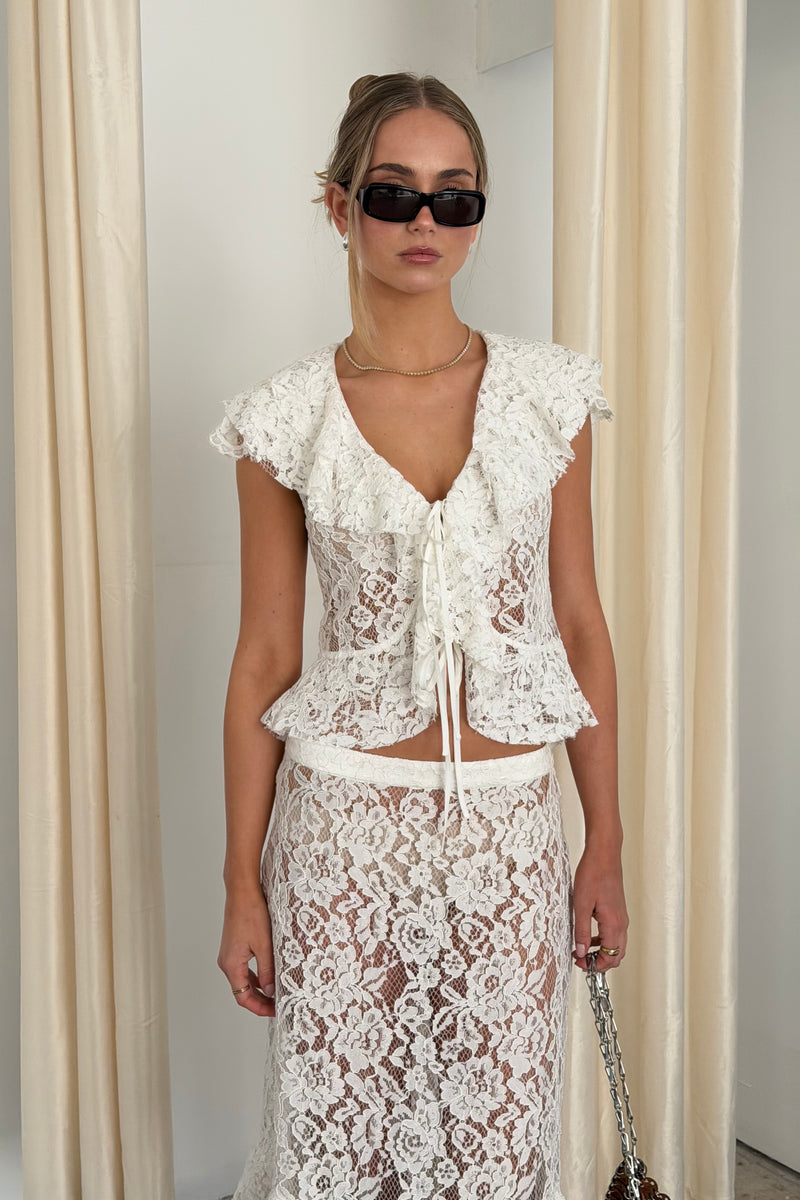 Frill Cap Sleeve Cardigan | White Lace