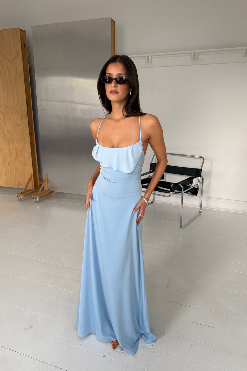 Frill Backless Maxi Dress | Baby Blue