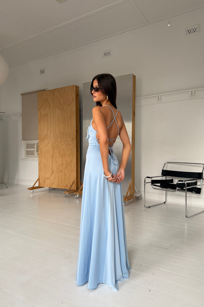 Frill Backless Maxi Dress | Baby Blue