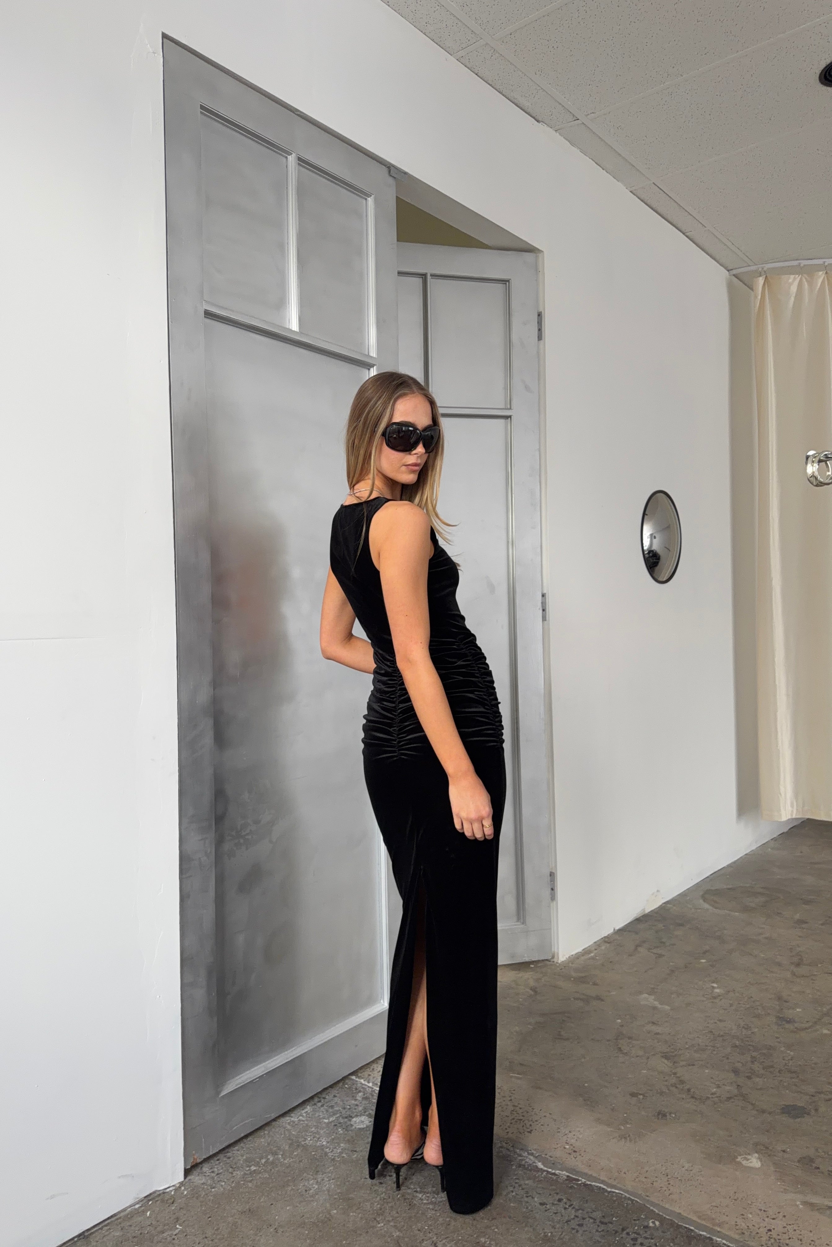 Ruched Velour Gown | Black
