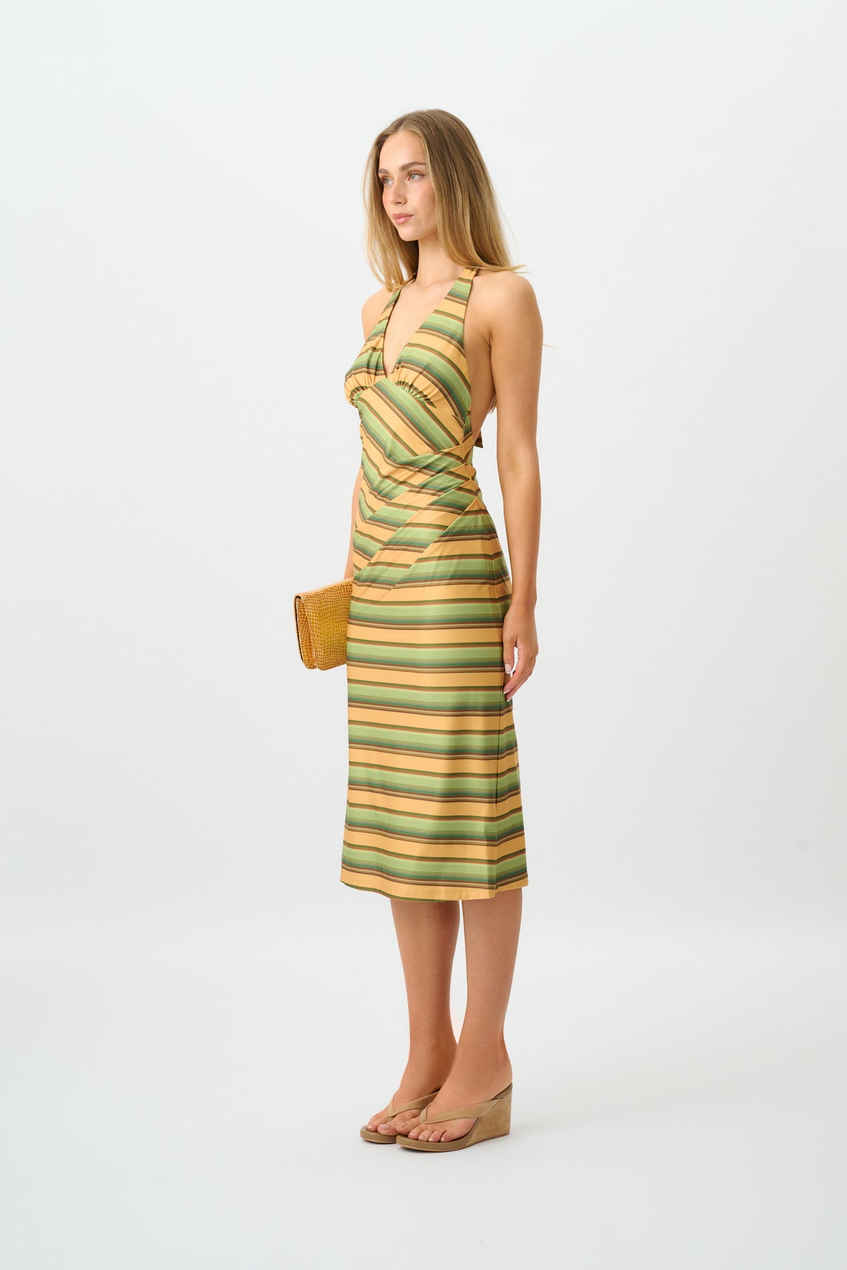 Pleated Backless Halter Dress | Gold Stripe
