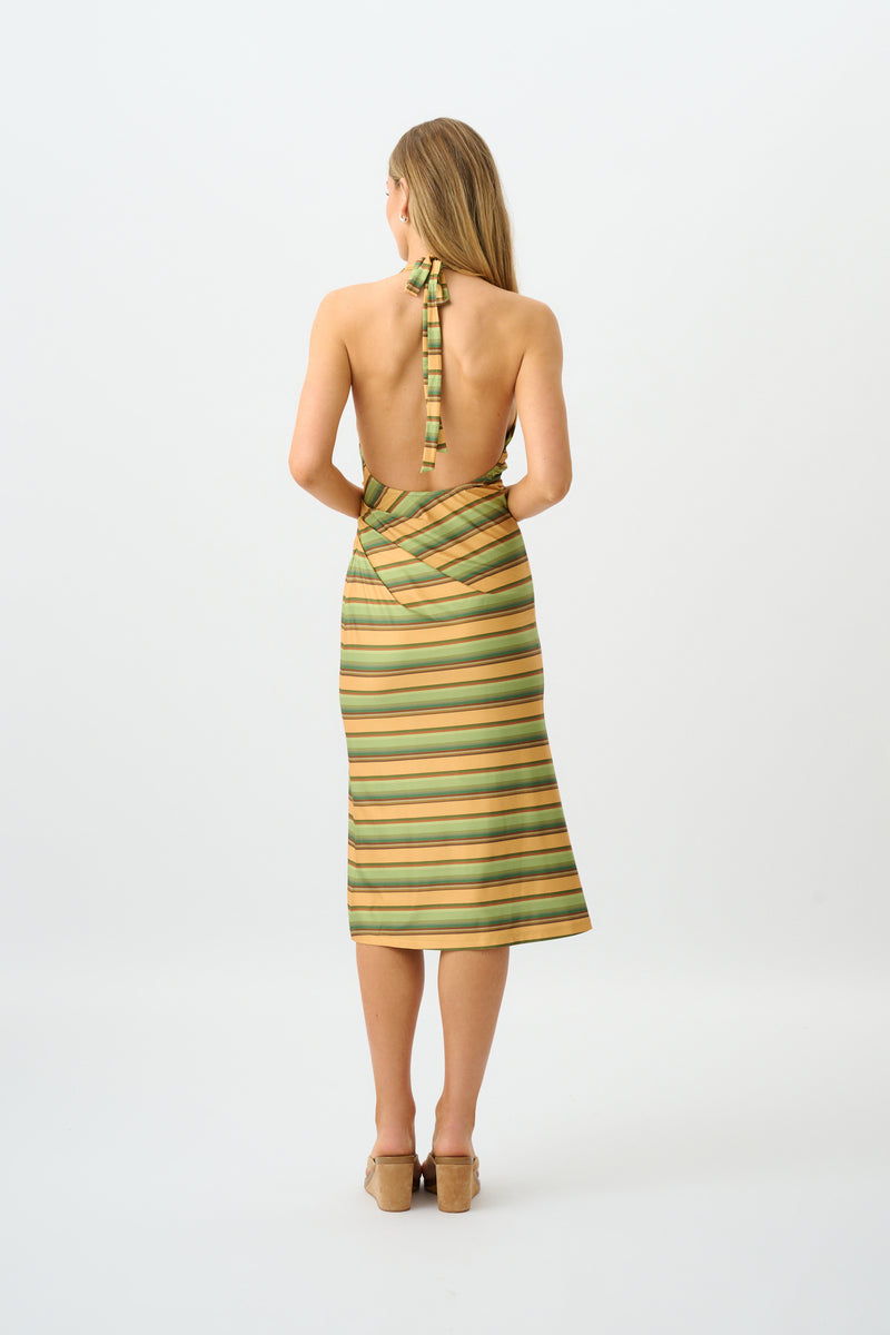 Pleated Backless Halter Dress | Gold Stripe