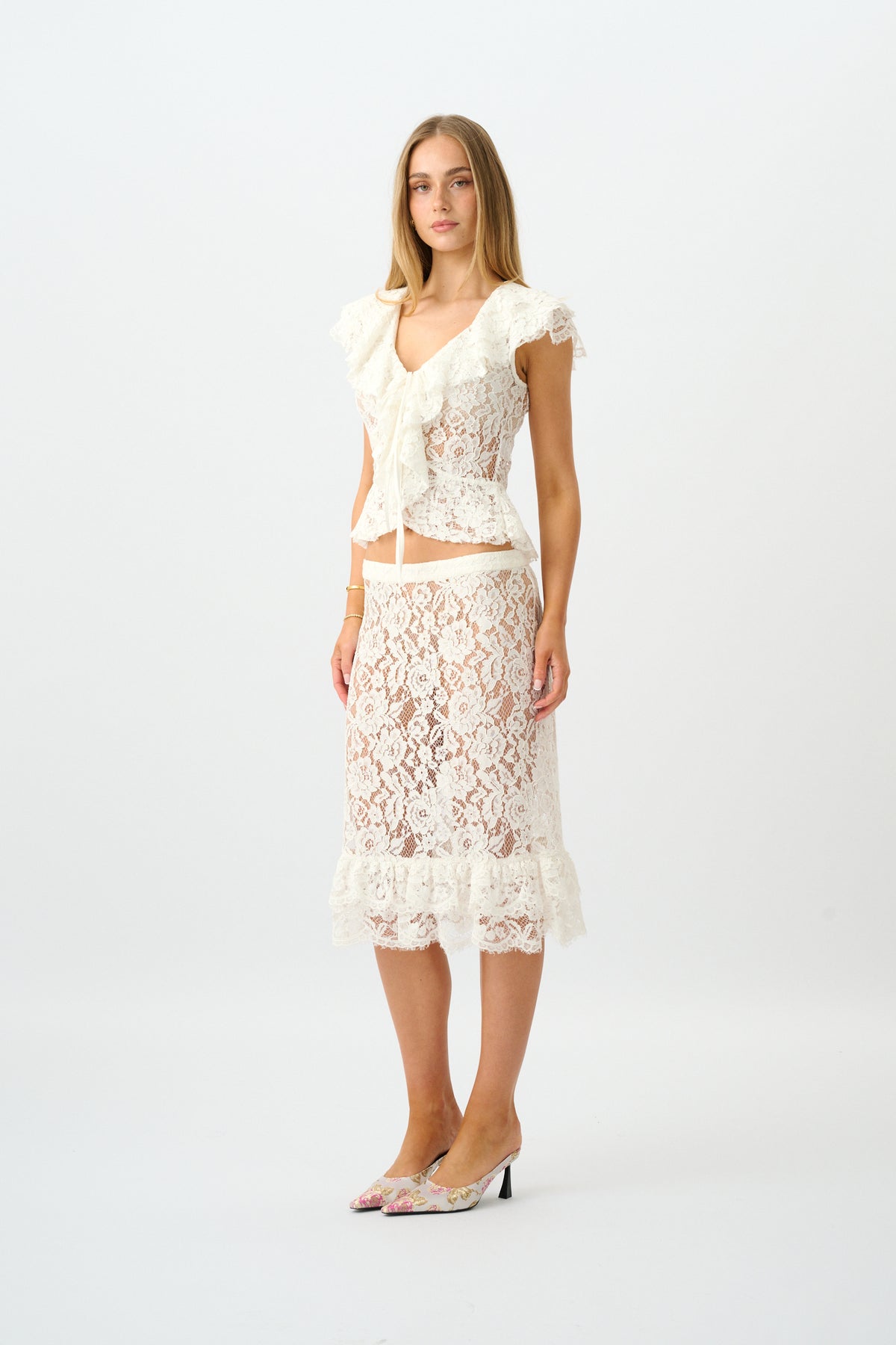 Frill Midi Skirt | White Lace