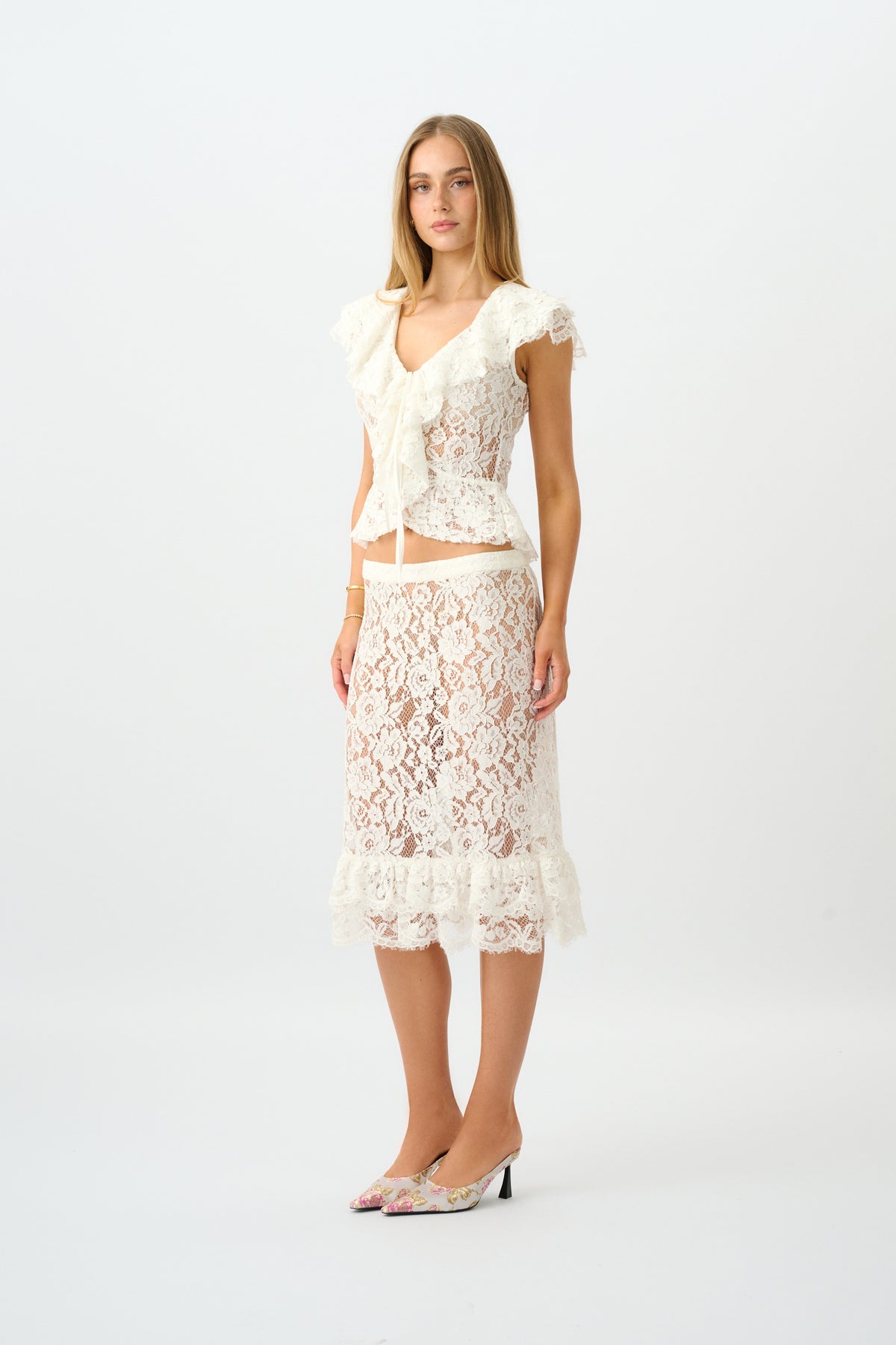 Frill Midi Skirt | White Lace