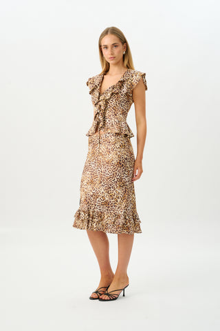 Frill Midi Skirt | Silk Leopard