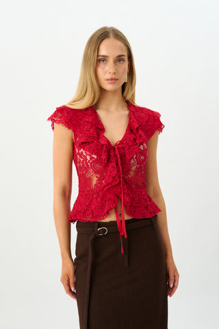 Frill Cap Sleeve Cardigan | Red Lace
