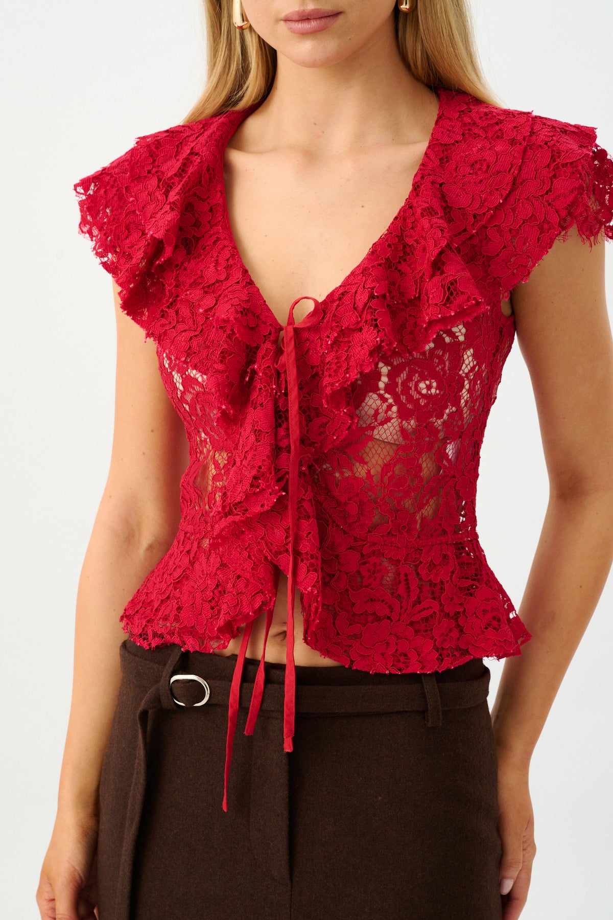 Frill Cap Sleeve Cardigan | Red Lace