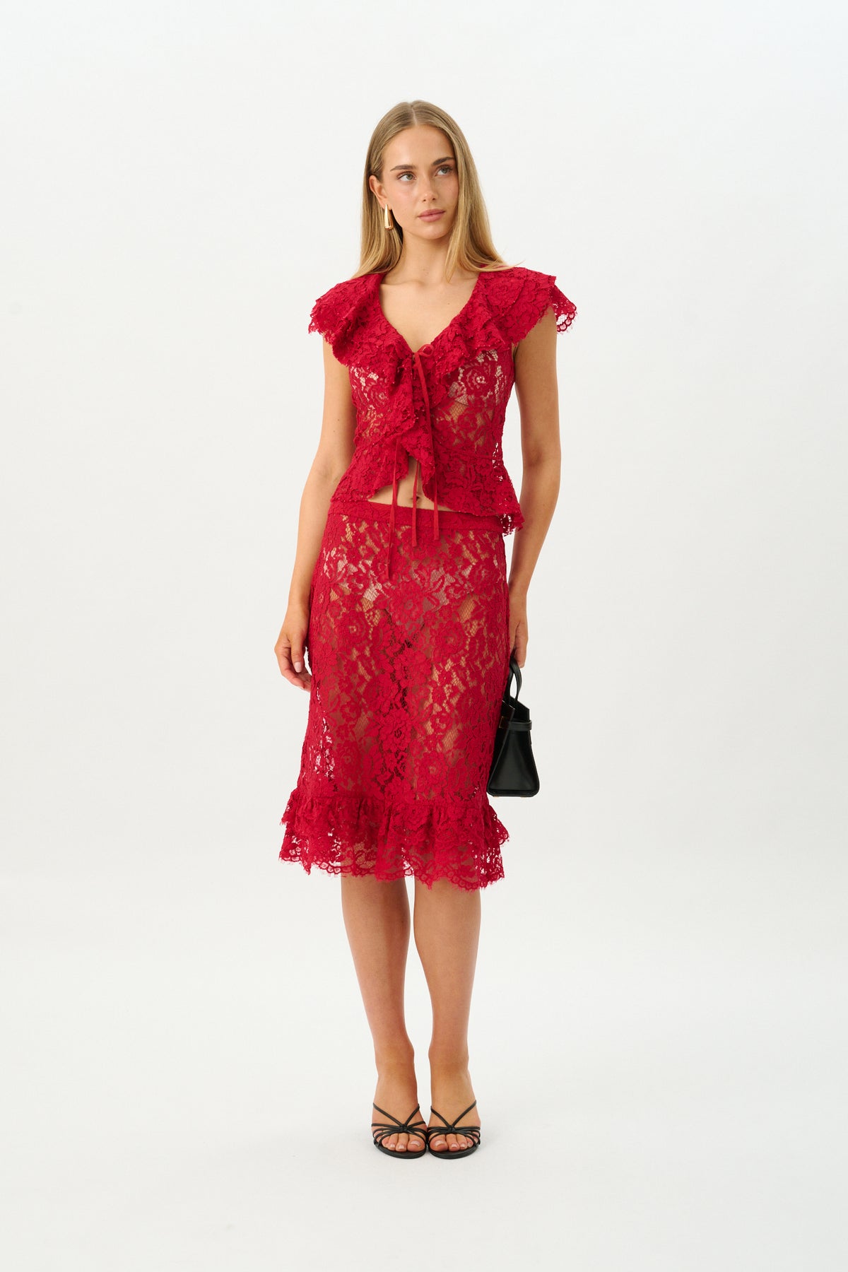 Frill Midi Skirt | Red Lace