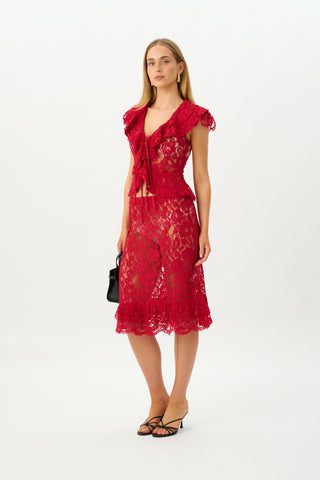 Frill Midi Skirt | Red Lace