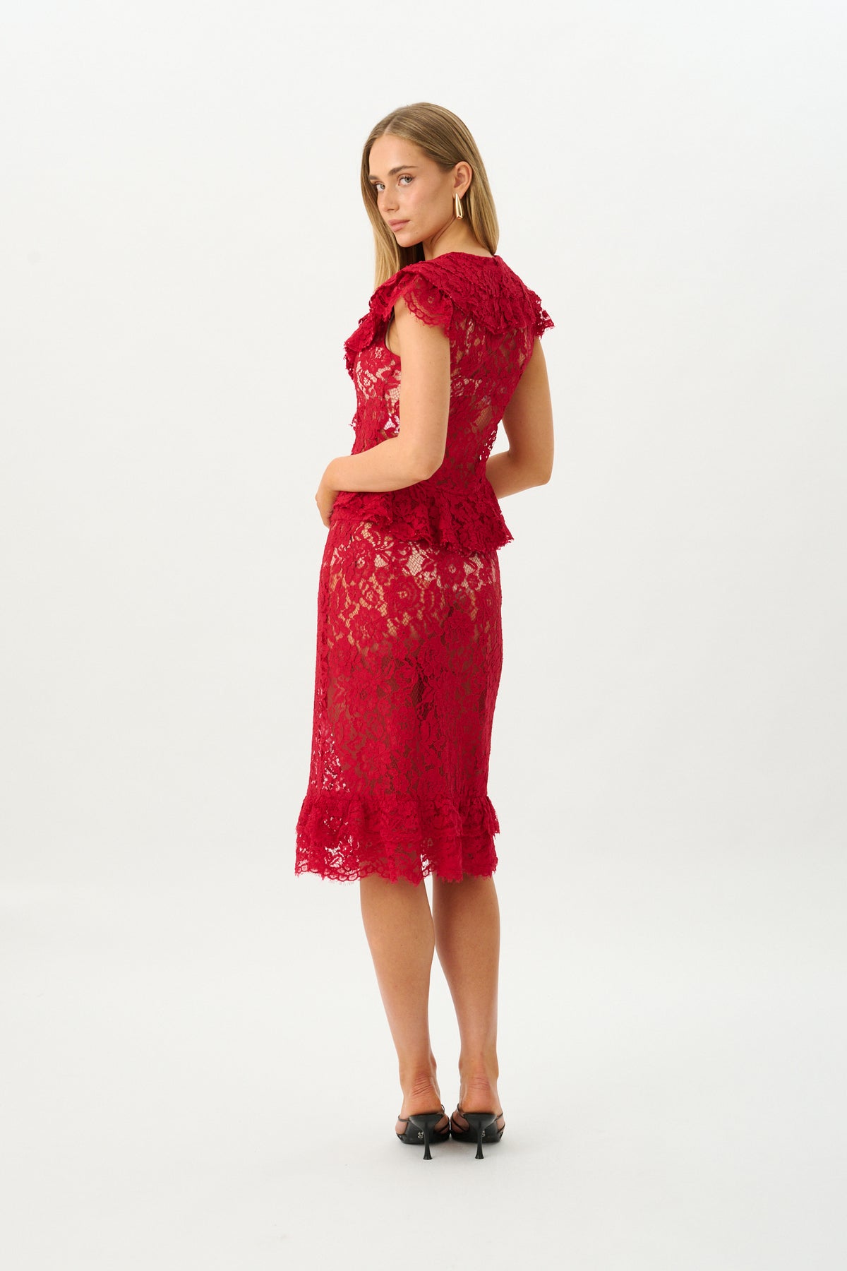 Frill Midi Skirt | Red Lace