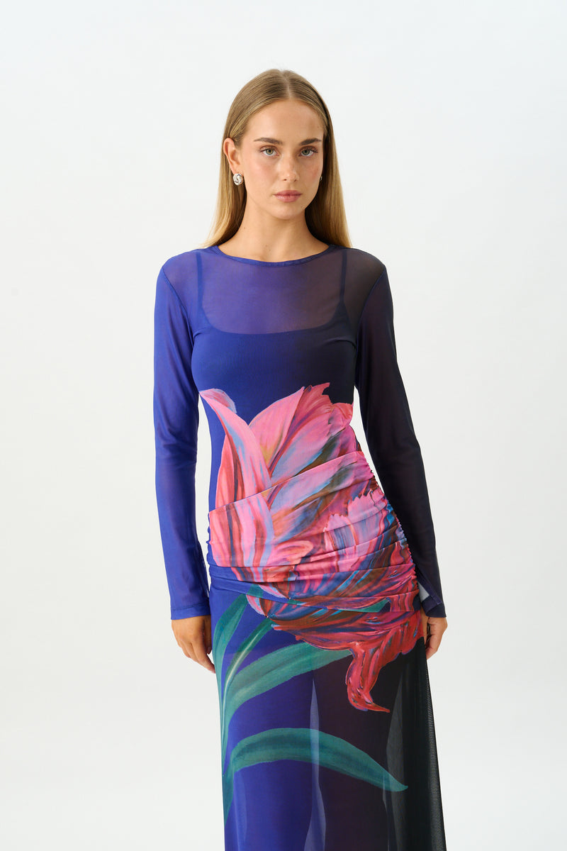 Wrap Mesh Maxi Dress | Cobalt Floral
