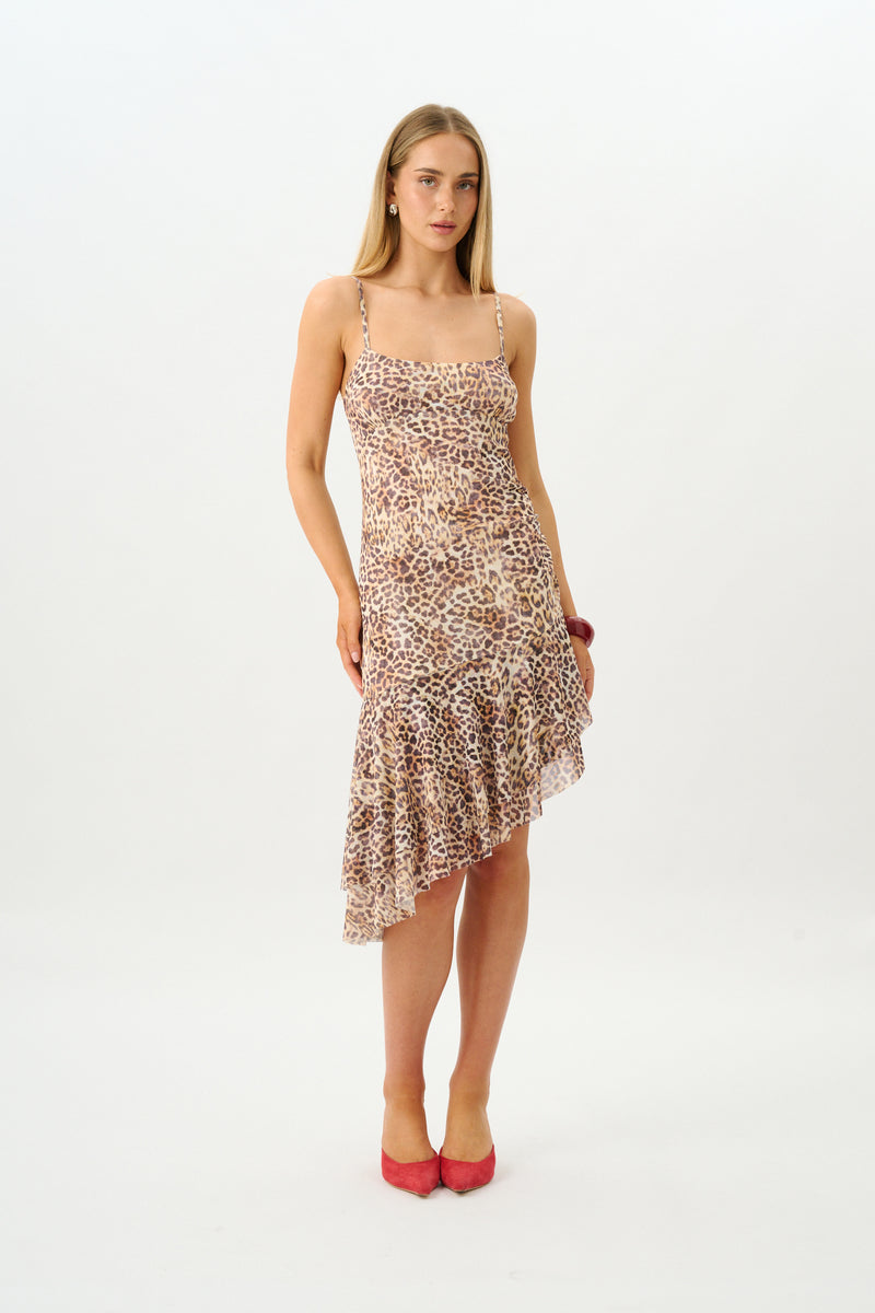 Asymmetric Frill Midi Dress | Mesh Leopard