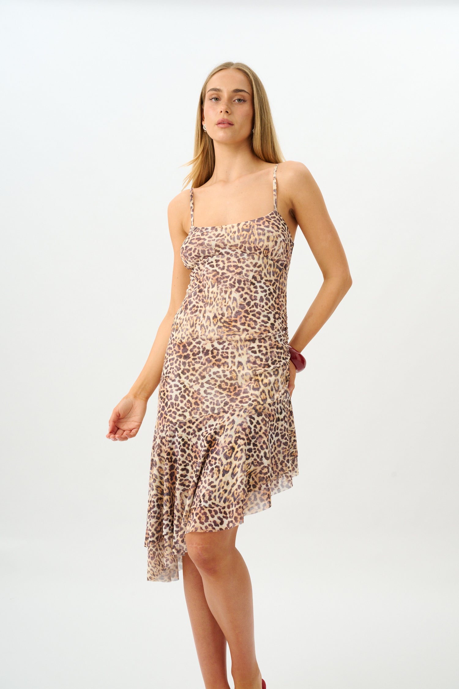 Asymmetric Frill Midi Dress | Mesh Leopard