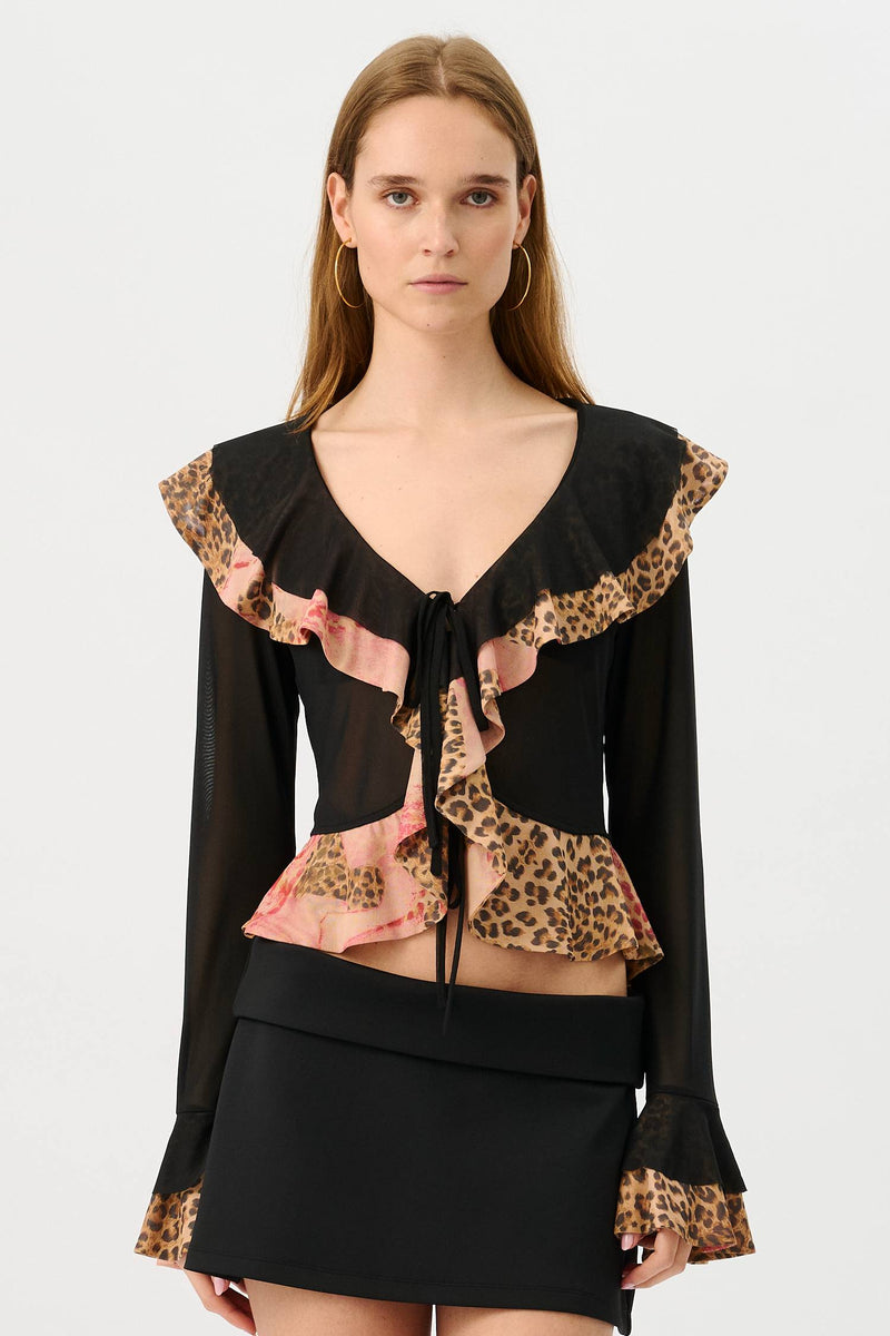 Frill Cardigan | Mesh Leopard