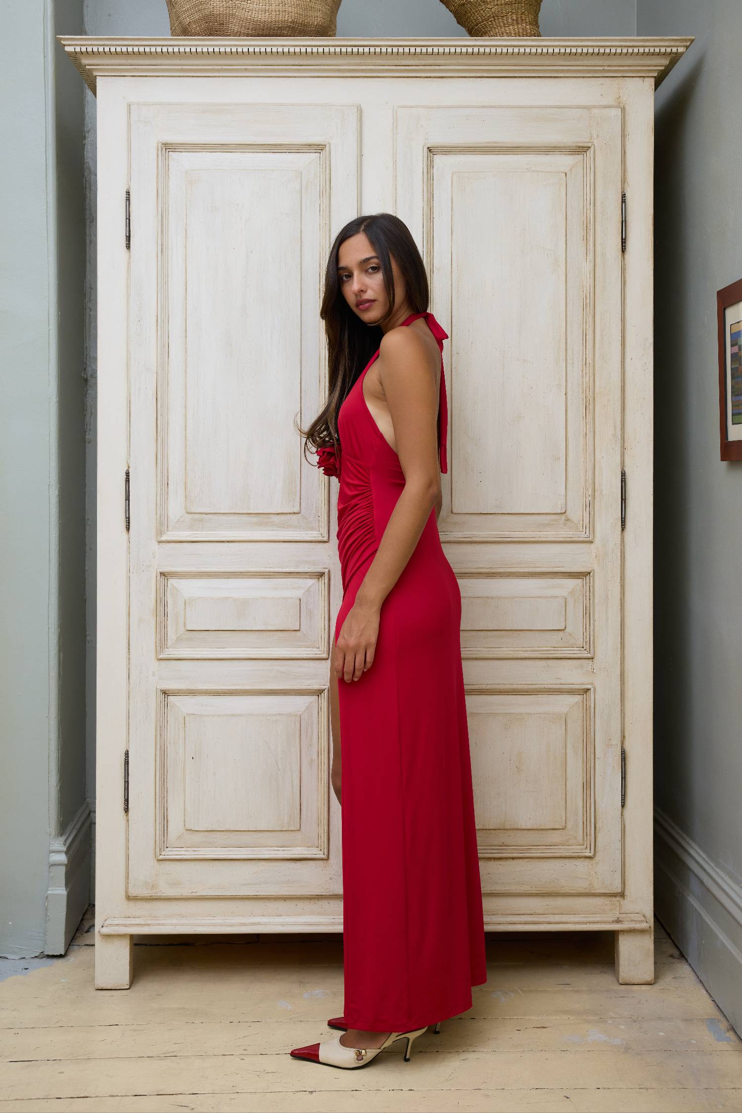 Halter Maxi Dress Cherry Red Rose WITH HARPER LU