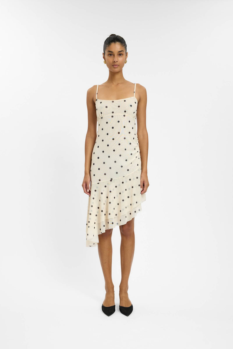 Asymmetric Frill Midi Dress | Mesh Ivory Polka