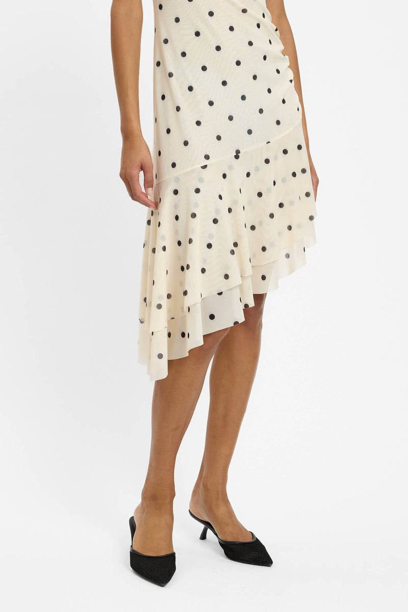 Asymmetric Frill Midi Dress | Mesh Ivory Polka